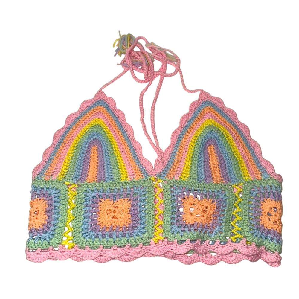 WOWO festival wear pastel crochet women’s cropped cottagecore halter top M